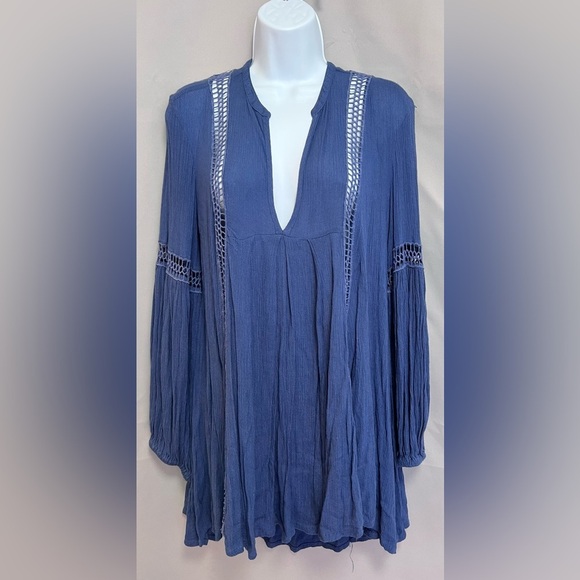 Free People Baby Doll Lace Inset Tunic Sz Small Blue - Picture 6 of 14